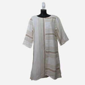 Soft Surroundings Size Medium Striped Linen Blend Shift Dress 3/4 Sleeve Casual